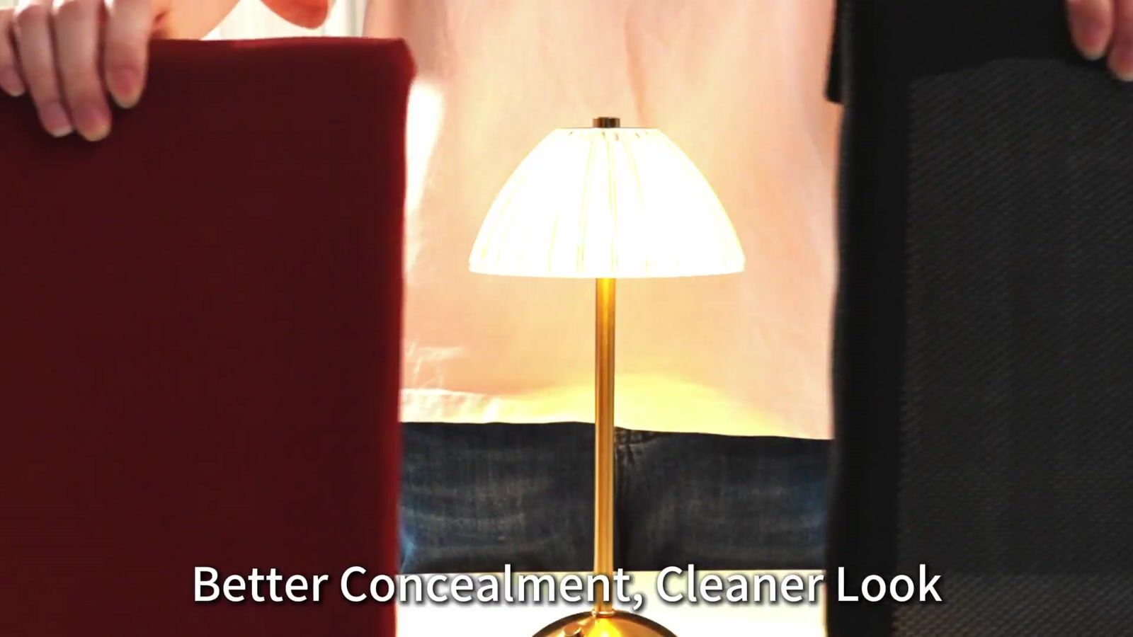 Side-by-side demonstration of red fine-surface fabric concealing a lamp and black open-hole mesh showing the lamp behind it